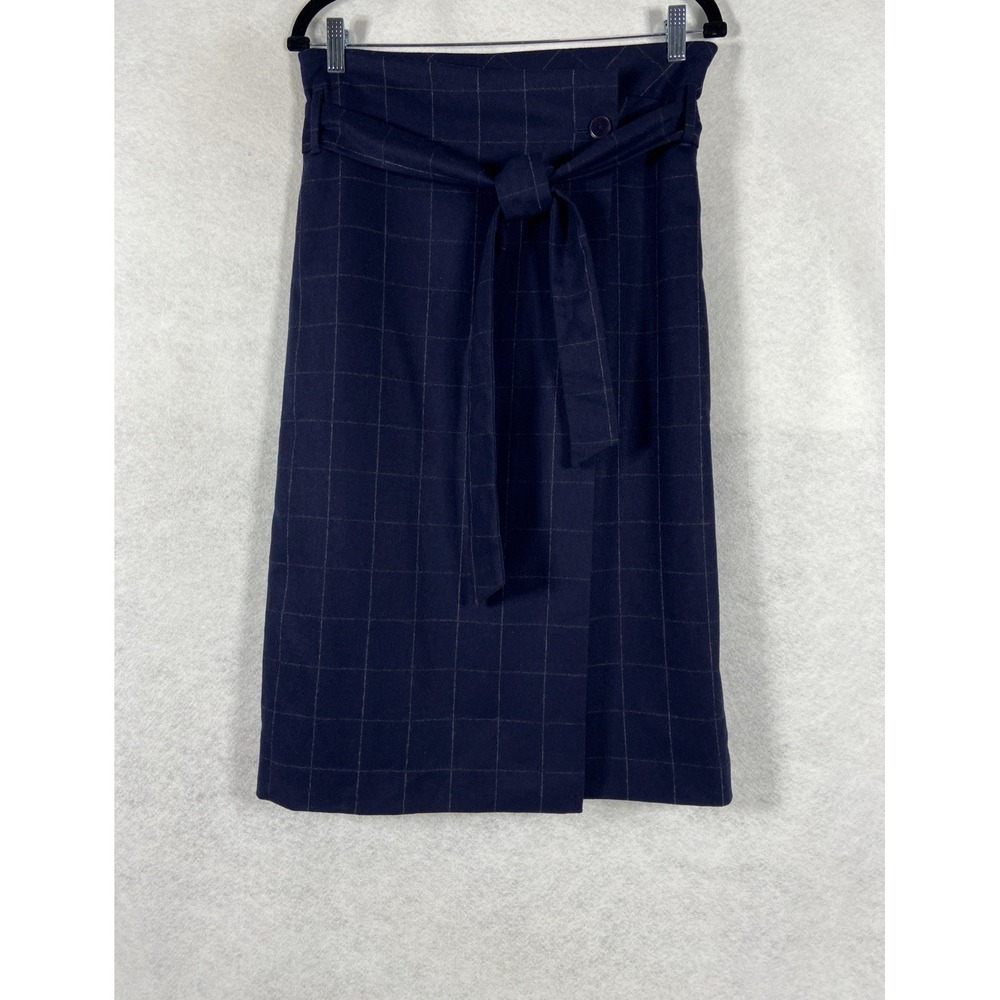 Babaton Aritzia Wrap Skirt Women's 10 Navy Atelier Plaid Wool Cashmere Blend EUC